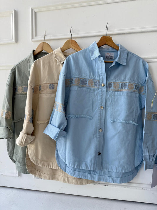 Embroidered Gabardine Jacket -Baby Blue - Amenaa