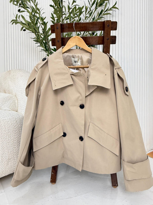 Cropped Trench Coat - Beige - Amenaa