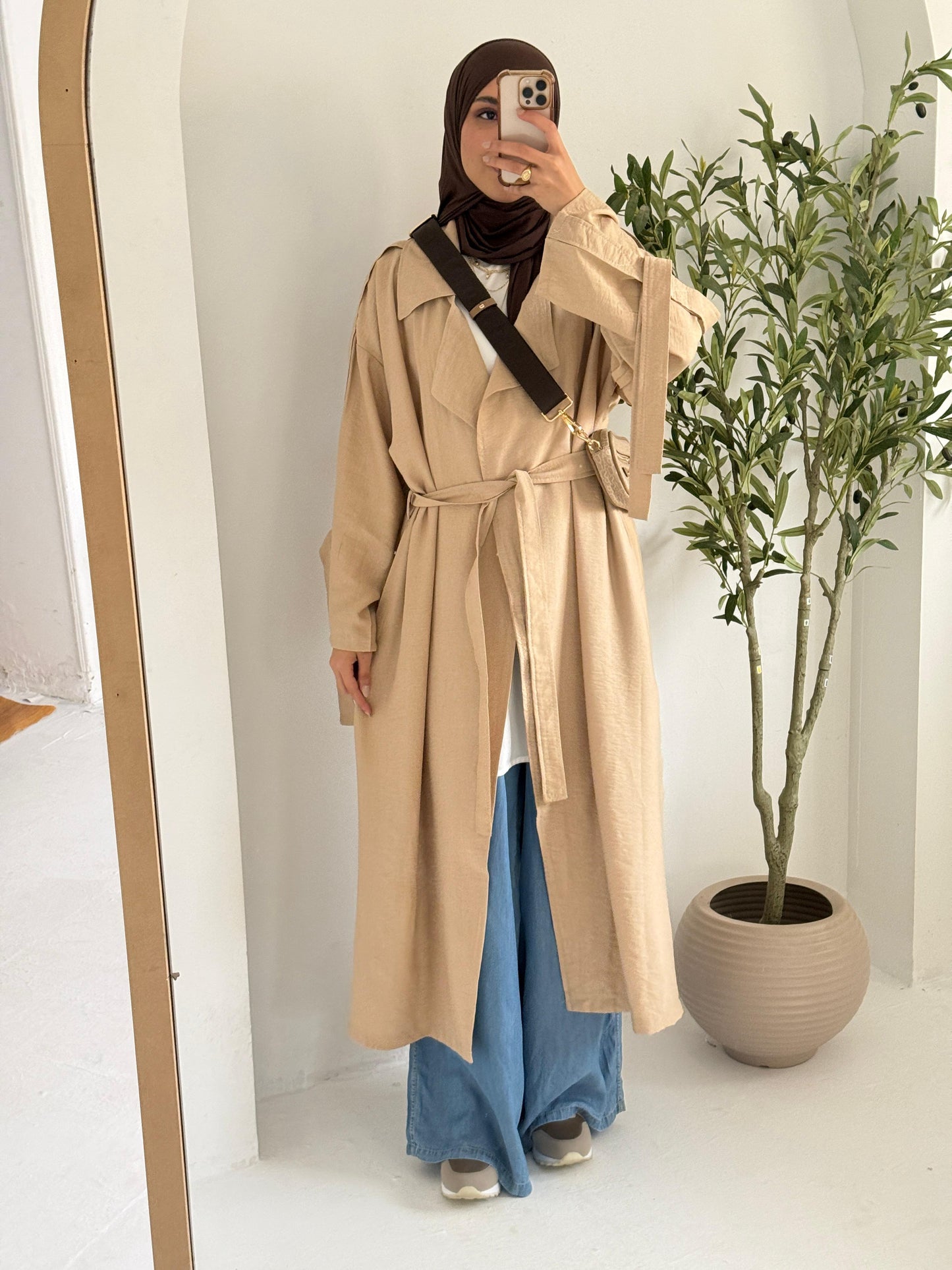Amenaa summer trench coat in light fabric, beige color, stylish long design, perfect for warm weather.