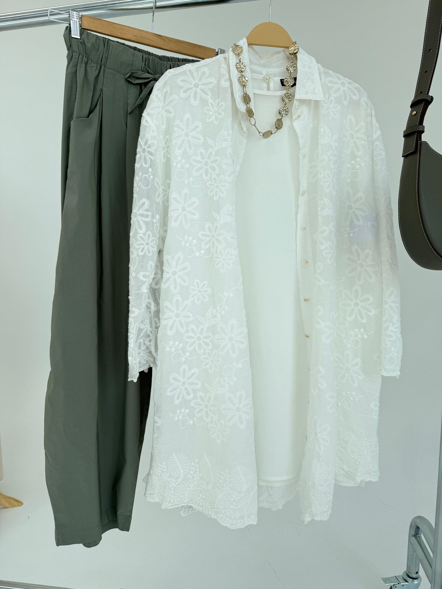 Amenaa Guipure Shirt featuring intricate lace and elegant design, shown in a close-up of the detailed fabric and craftsmanship.