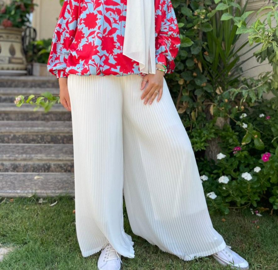 Plisse Wide Leg Pants - Off White - Amenaa