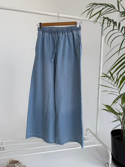 Wide Leg Denim Pants - Baby Blue - Amenaa
