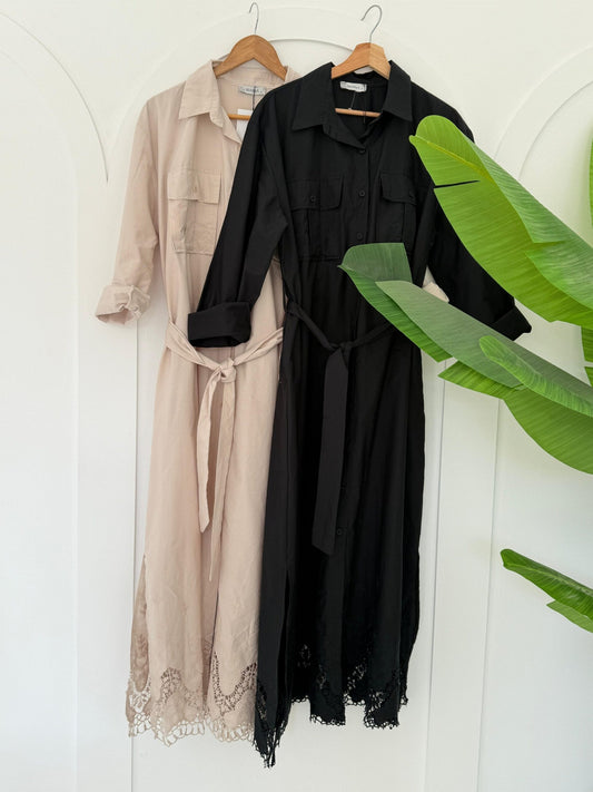 Guipure Shirt Dress - Beige - Amenaa