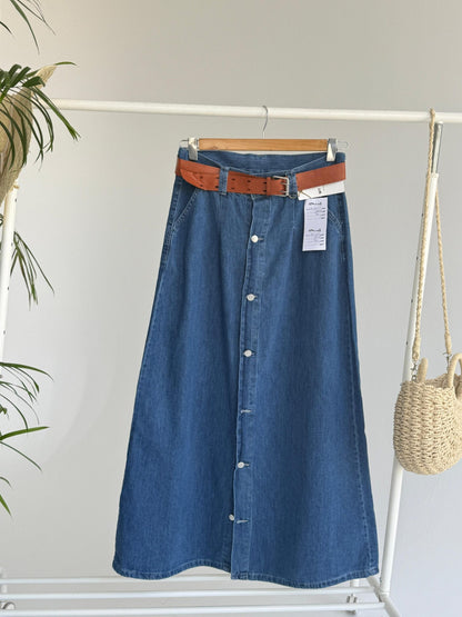 Button Denim Skirt - Dark Blue - Amenaa