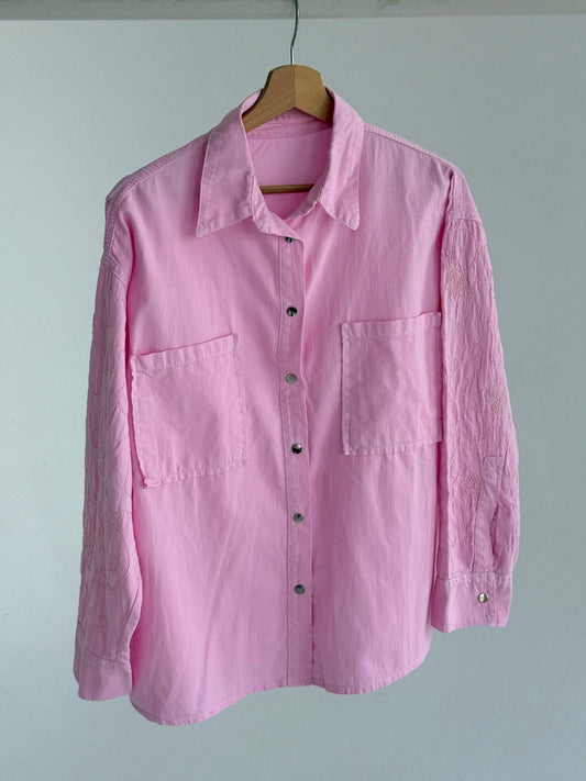 Embroidered Sleeves Shirt - Pink - Amenaa