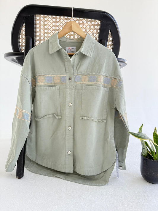 Embroidered Gabardine Jacket - Olive - Amenaa