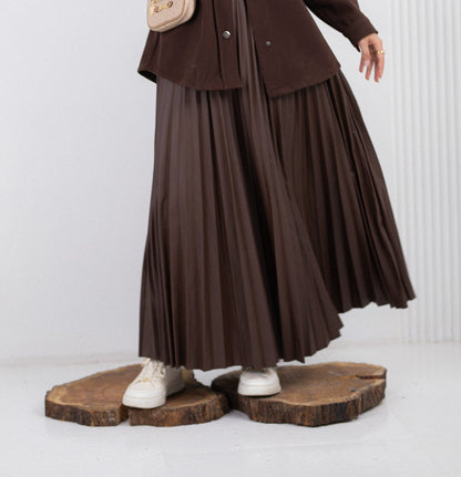 Leather Pleated Skirt - Brown - Amenaa