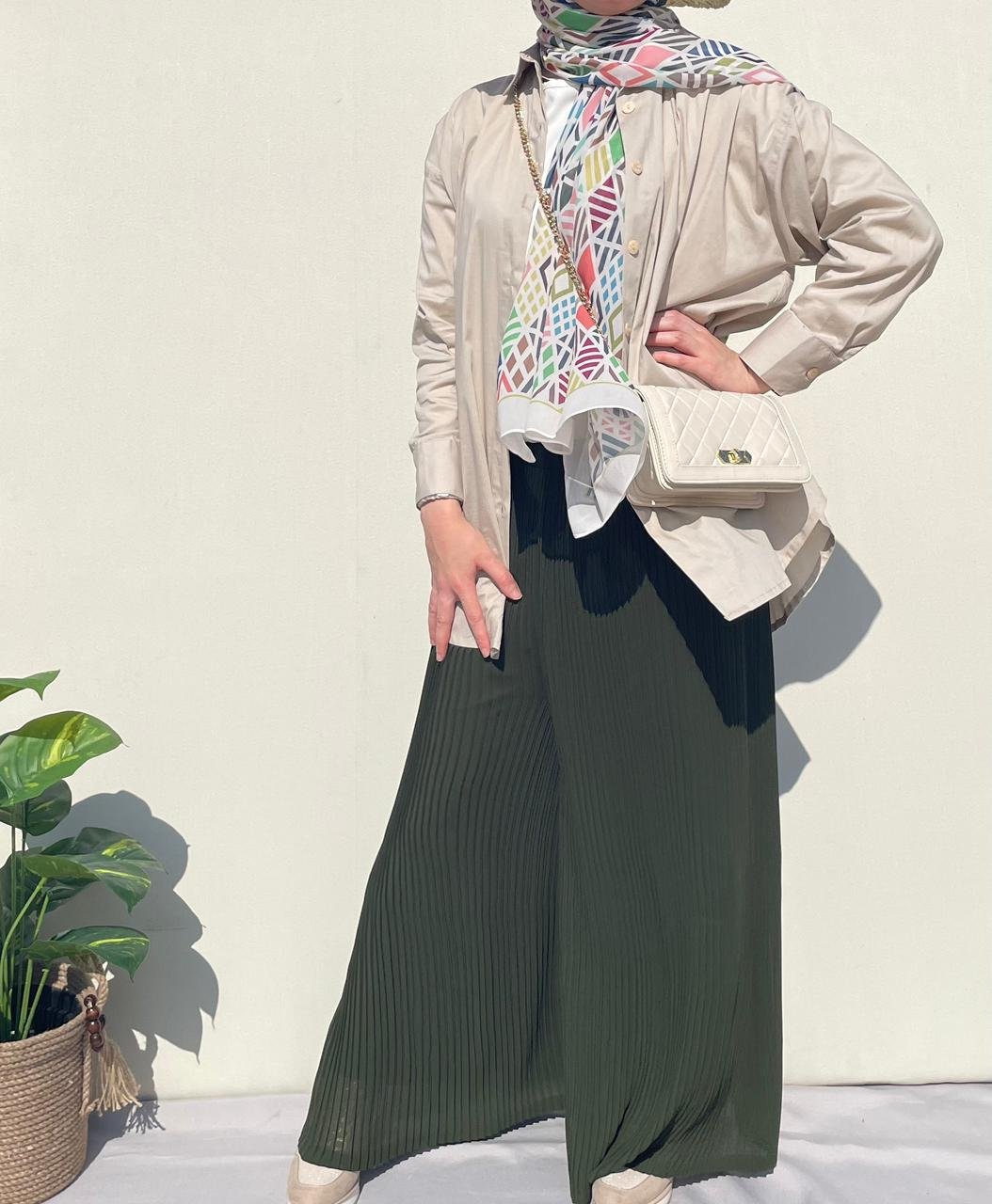 Plisse Wide Leg Pants - Olive - Amenaa