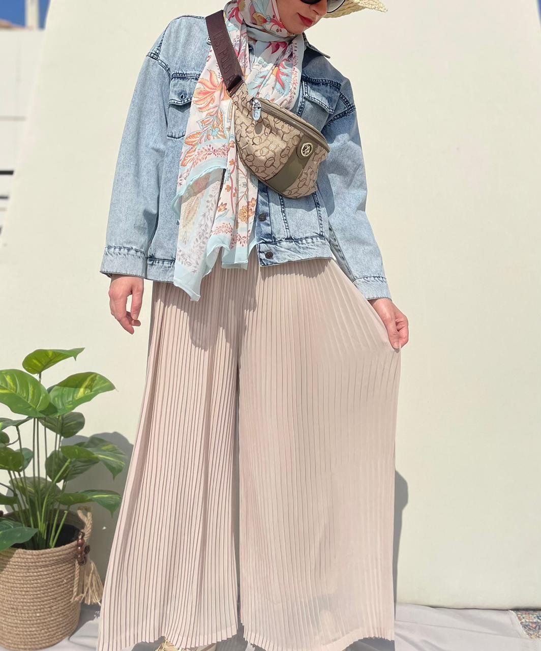 Plisse Wide Leg Pants - Beige - Amenaa