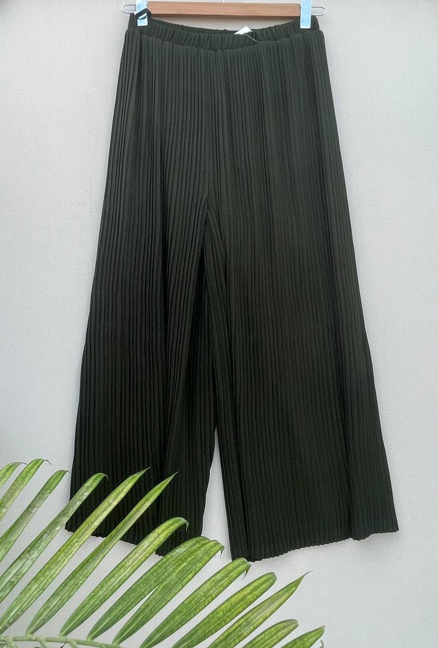 Plisse Wide Leg Pants - Olive - Amenaa