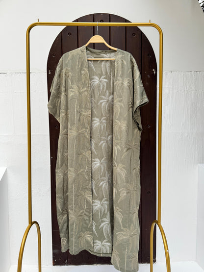 Embroidered palm kimono by Amenaa featuring intricate palm leaf embroidery, lightweight fabric, and relaxed fit for stylish comfort.