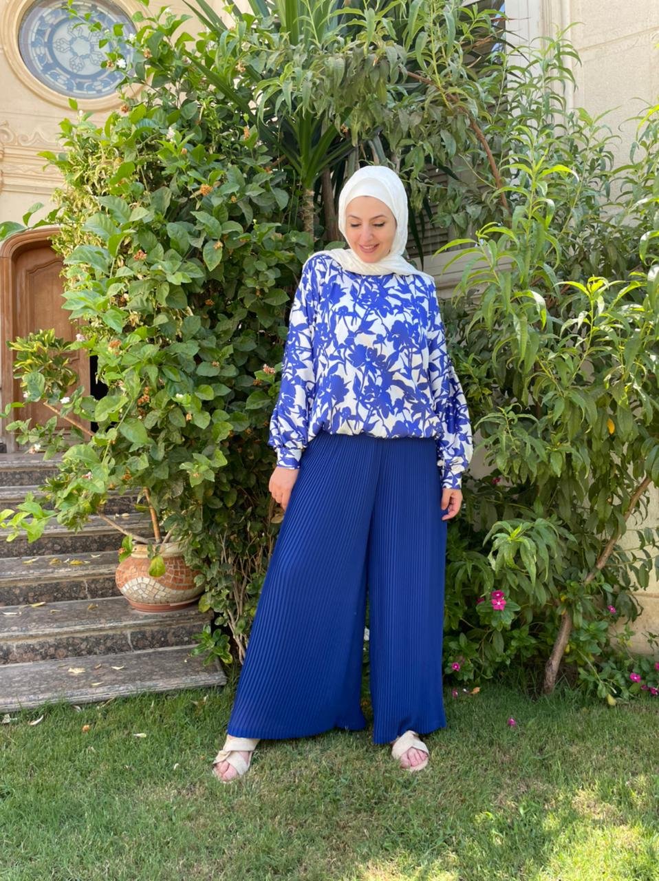 Plisse Wide Leg Pants - Blue - Amenaa