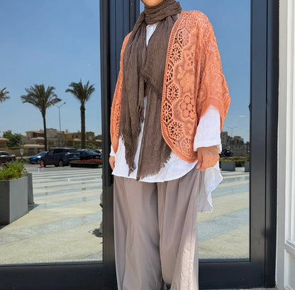 Amenaa boho crochet lace kimono with intricate openwork design and flowing fabric, stylish and lightweight for casual wear.