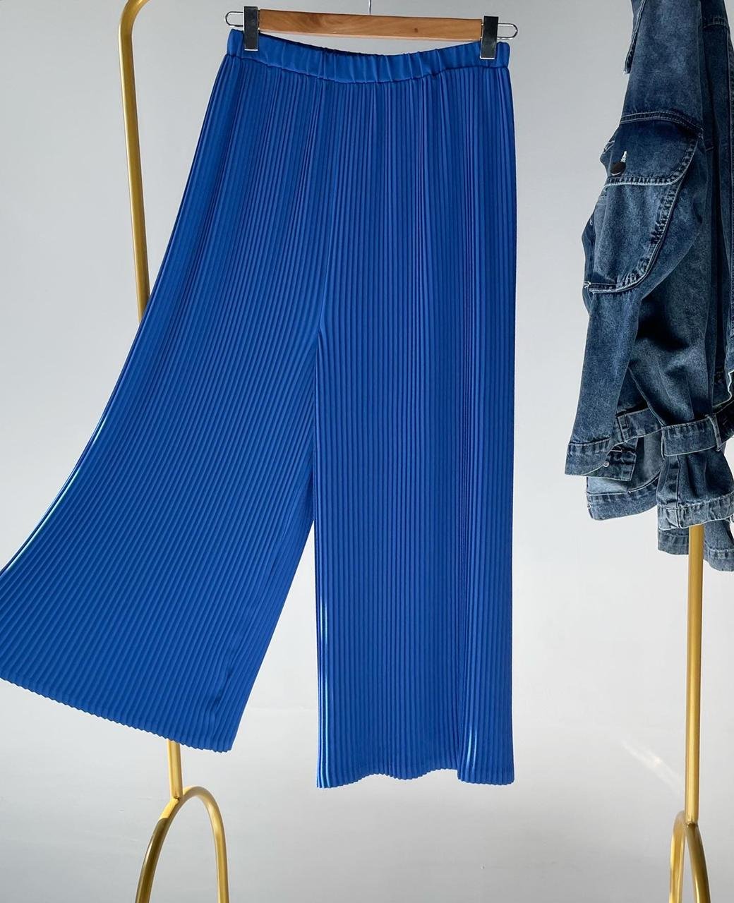 Plisse Wide Leg Pants - Blue - Amenaa
