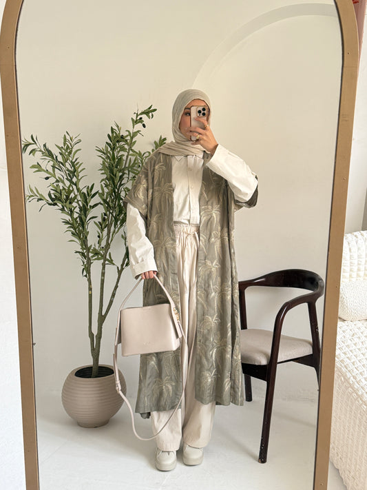 Embroidered Palm Kimono by Amenaa featuring lightweight fabric and intricate palm tree embroidery, perfect for stylish layering.