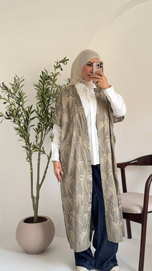 Embroidered Palm Kimono by Amenaa showcasing detailed floral embroidery, lightweight fabric, and relaxed fit.