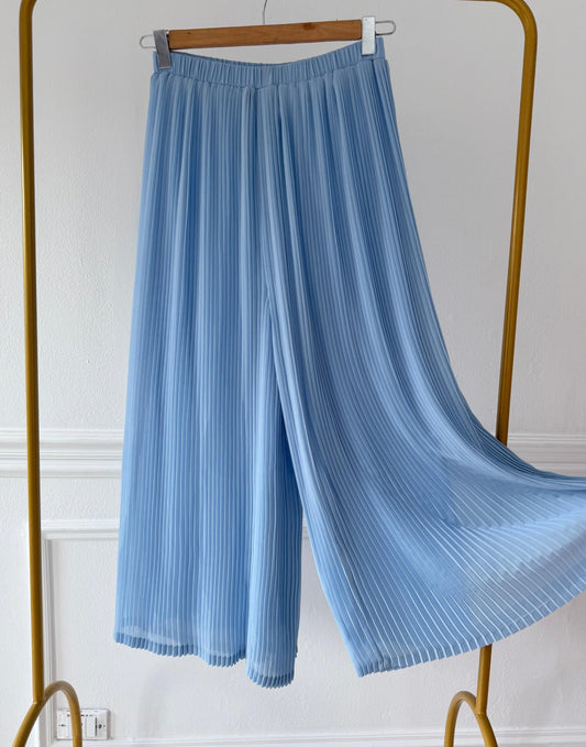 Plisse Wide Leg Pants - Baby Blue - Amenaa