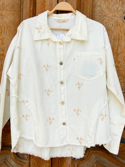 Flowery embroidered Amenaa gabardine jacket featuring colorful floral patterns, button closure, and tailored fit.