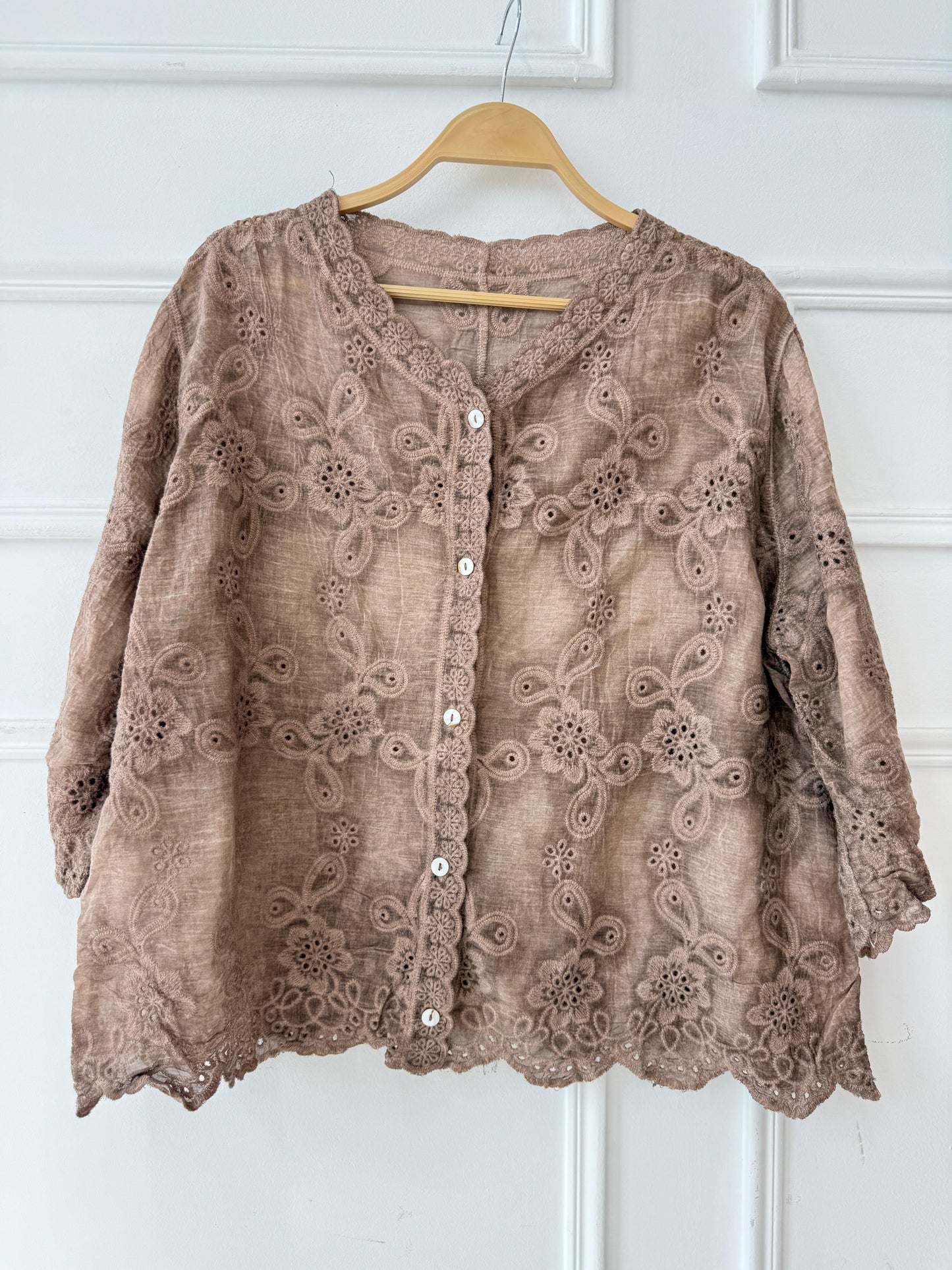 Amenaa Guipure Blouse with intricate lace details, featuring a feminine, elegant design and delicate floral patterns.