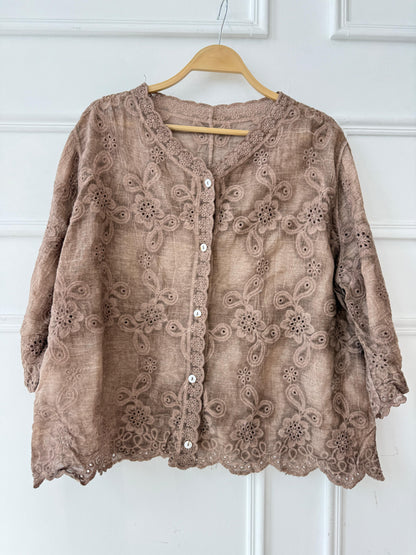 Amenaa Guipure Blouse with intricate lace details, featuring a feminine, elegant design and delicate floral patterns.