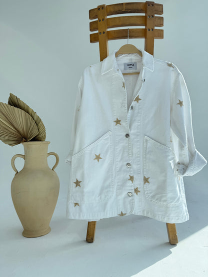 Amenaa star gabardine jacket shown on a hanger, featuring a stylish navy design with star patterns and a tailored fit.