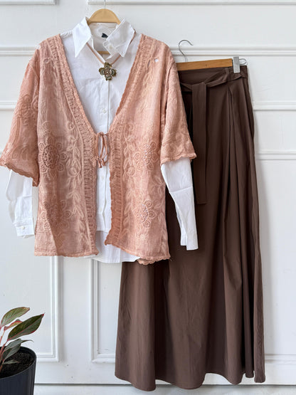 Elegant embroidered lace kimono by Amenaa featuring intricate lace details and a flowing, stylish design.