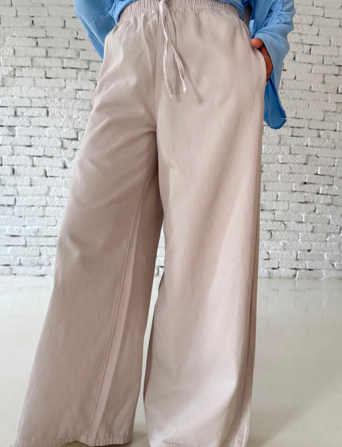 Beige Gabardine Wideleg Pants