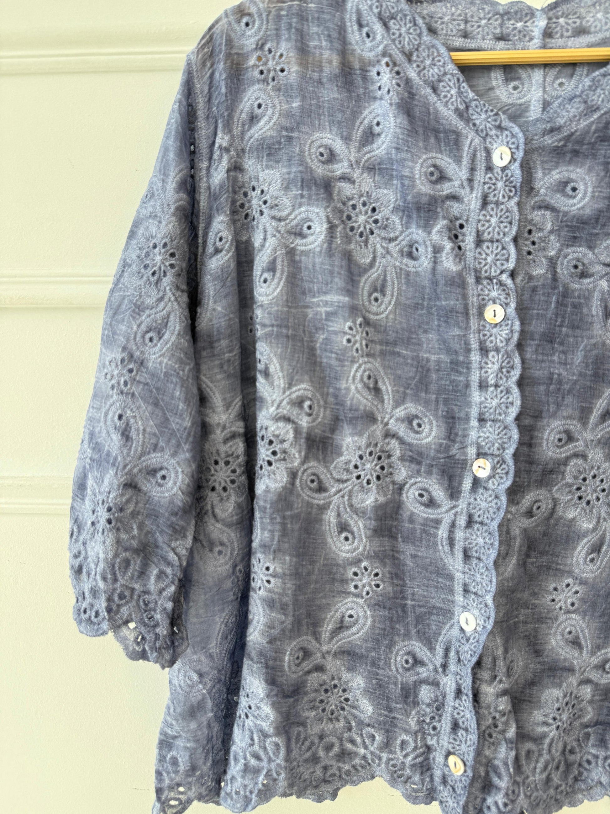 Amenaa Guipure Blouse 24/21/306 with intricate lace detailing, long sleeves, and elegant design, shown on a mannequin.