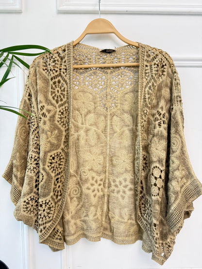 Boho crochet lace kimono by Amenaa featuring intricate lace details and lightweight flowy fabric for a stylish layered look.