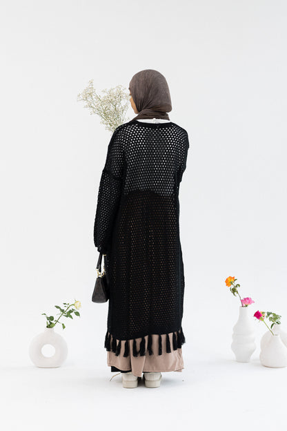 Amenaa crochet knit cardigan with a textured pattern, long sleeves, and open-front design in soft, cozy yarn.