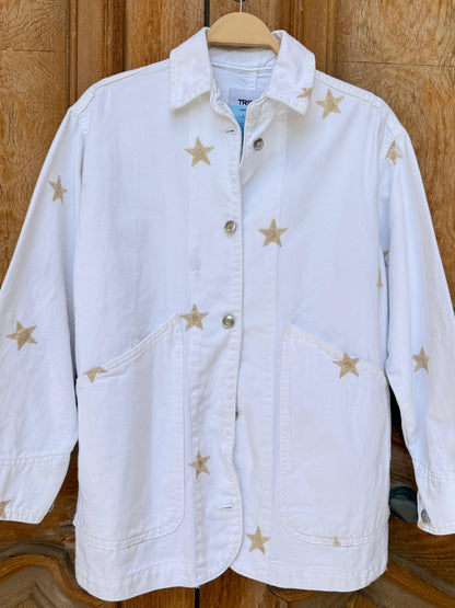 Star Gabardine Jacket by Amenaa, showing the navy blue fabric with star patterns and a classic collar design.