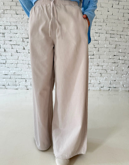 Beige Gabardine Wideleg Pants