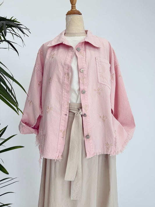 Amenaa flowery embroidered gabardine jacket with colorful floral patterns and tailored fit, shown on a model.