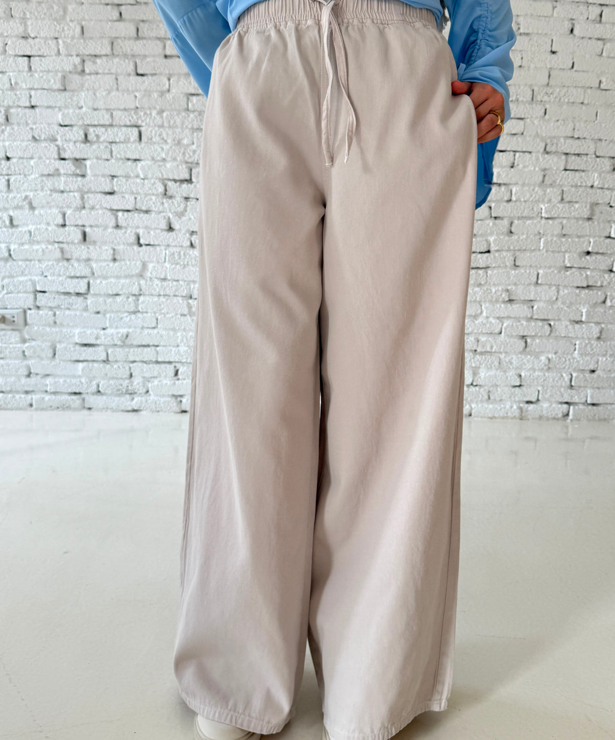 Beige Gabardine Wideleg Pants