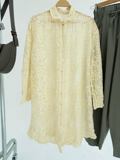 Amenaa Guipure Shirt with intricate lace pattern, long sleeves, and elegant design ideal for stylish, sophisticated looks.