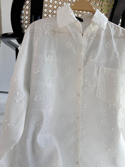 Floral embroidered Amenaa shirt with intricate embroidery details on lightweight fabric, perfect for casual or semi-formal wear.