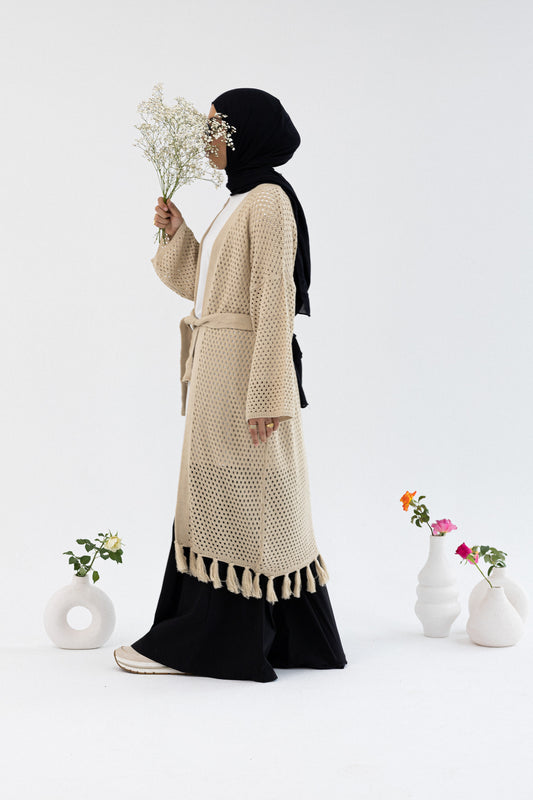 Amenaa crochet knit cardigan, 13/41/2, featuring a cozy, textured design with long sleeves and an open front.