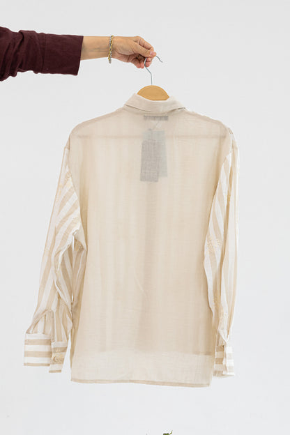 Amenaa striped embroidered shirt with colorful patterns, featuring a classic collar and button-front design.