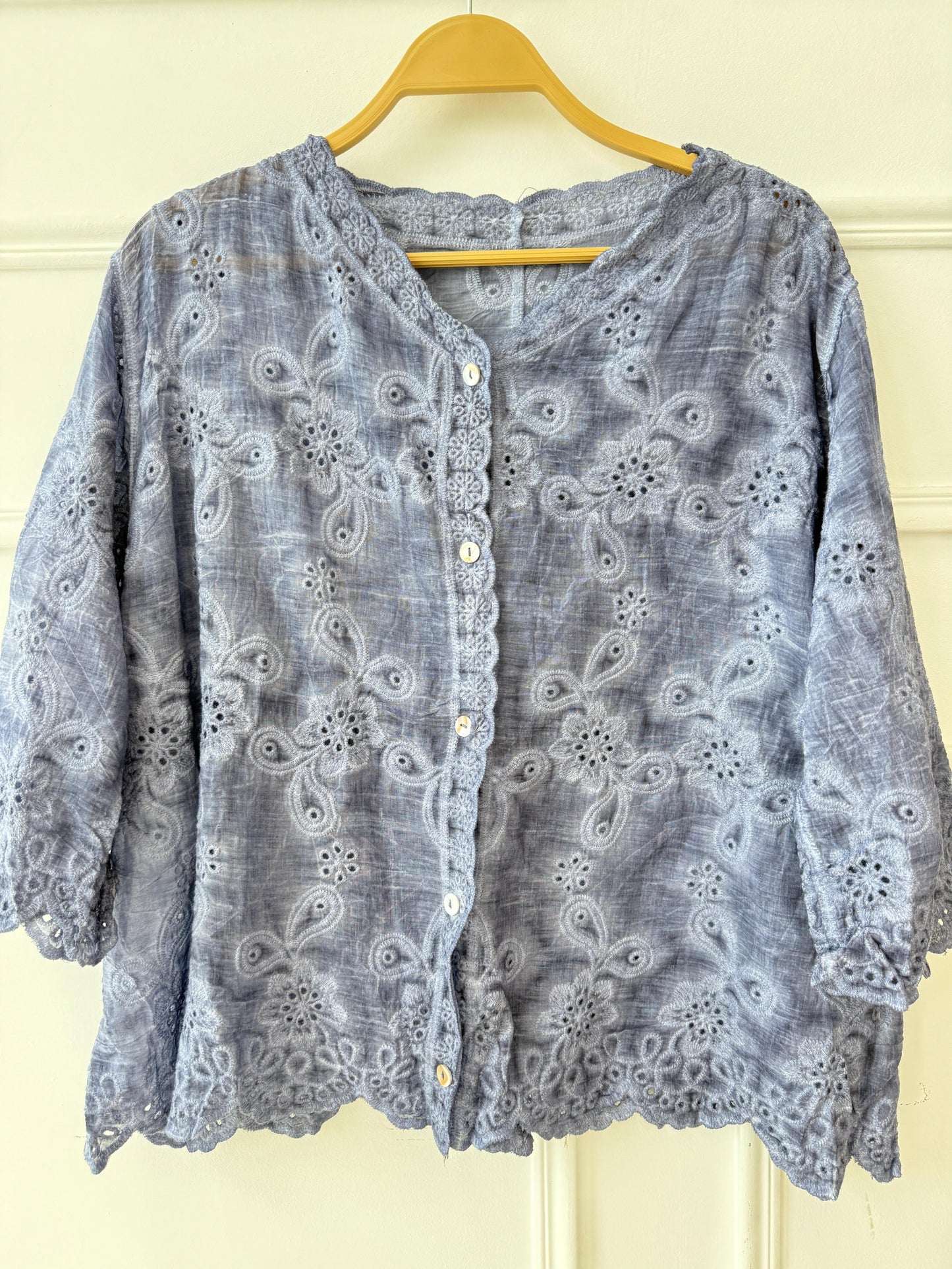 Amenaa Guipure Blouse 24/21/306 featuring intricate lace and elegant design, displayed on a hanger.