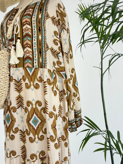 Amenaa boho pattern maxi dress featuring flowing fabric, vibrant print, and a relaxed fit perfect for casual summer wear.