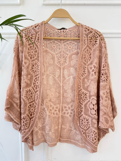 Boho crochet lace kimono by Amenaa featuring intricate lace patterns and lightweight fabric, perfect for stylish layering.