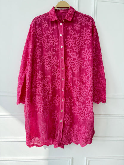 Amenaa Guipure Shirt with intricate lace detailing, long sleeves, and a classic collar, displayed on a white background.