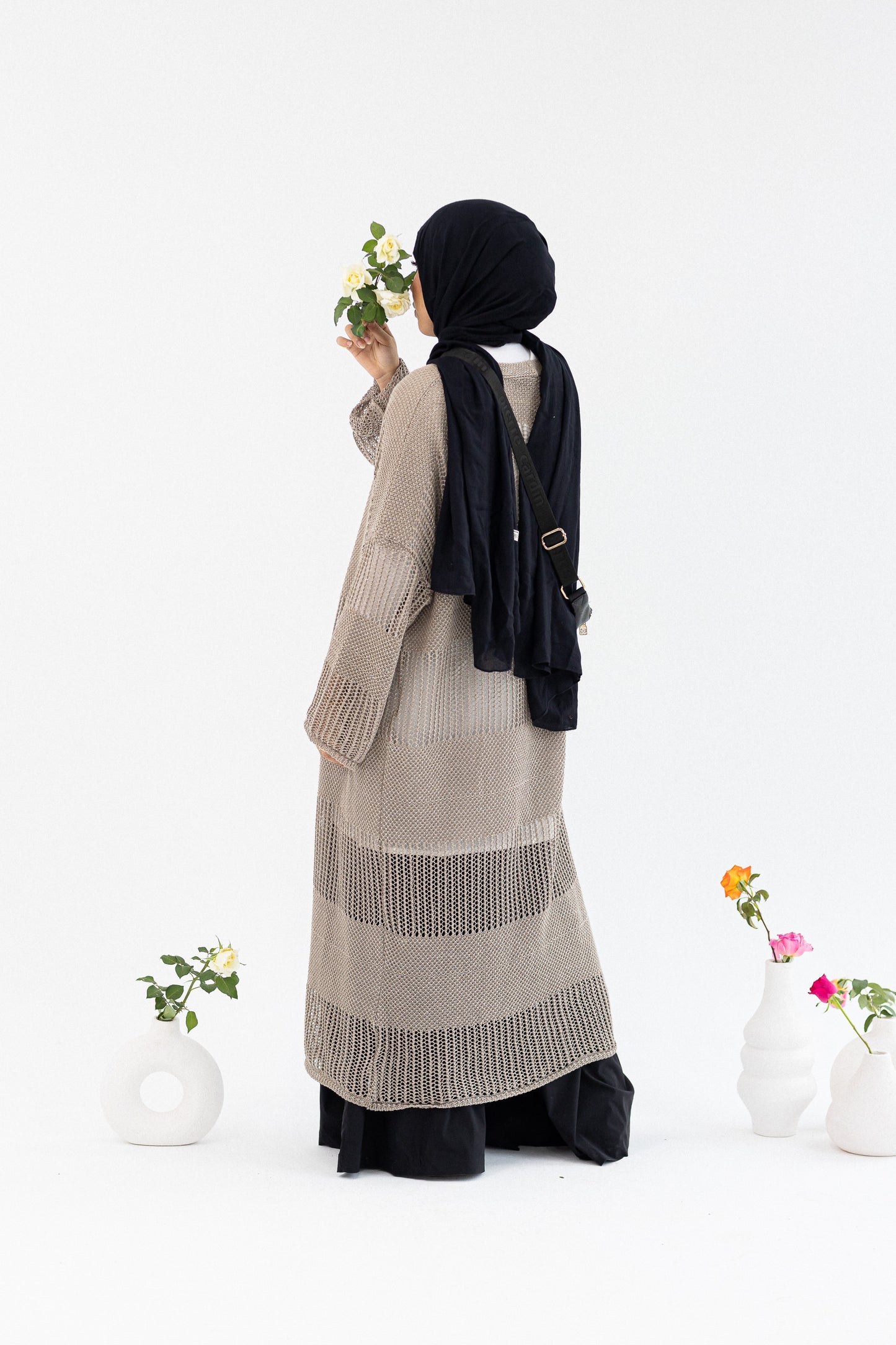 Amenaa Summer Net Kimono featuring lightweight, breathable fabric with intricate net design and open front style.