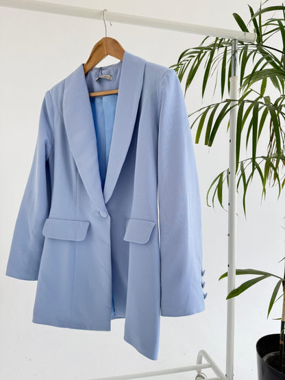 Navy classic blazer by My Store, tailored fit with lapel collar and single-breasted design, shown on a hanger against a neutral background.