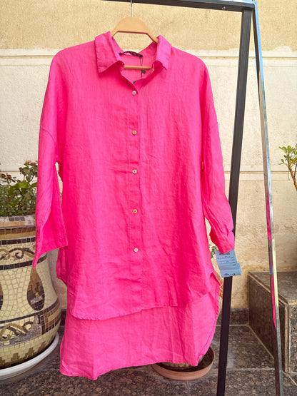 Light beige Amenaa linen shirt with long sleeves and a collar, displayed on a hanger against a neutral background.
