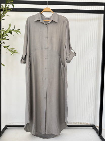 Amenaa shirt dress featuring a relaxed fit with a button-down front and short sleeves, displayed on a neutral background.