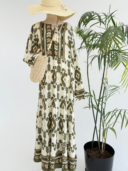 Amenaa boho pattern maxi dress with flowing fabric and vibrant designs, perfect for casual or summer wear.