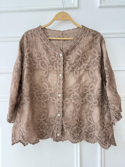 Amenaa Guipure Blouse with intricate lace details, stylish and elegant, featured on a model showcasing the design and fabric texture.