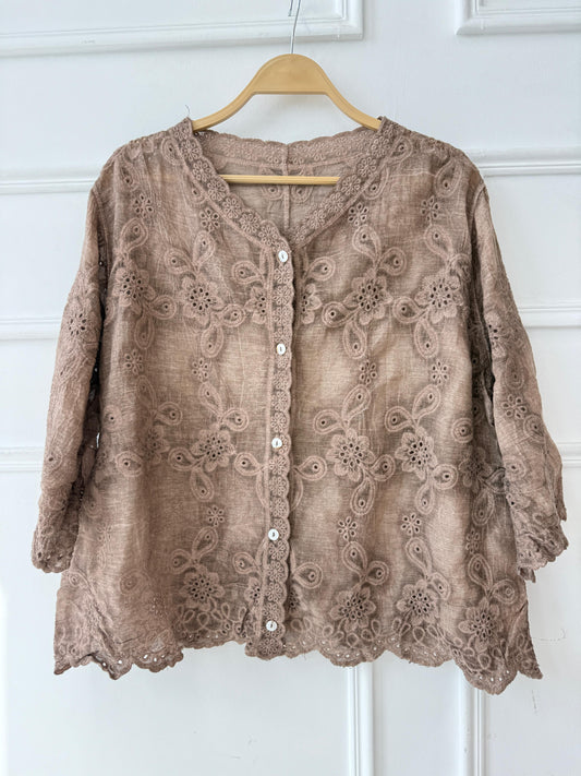 Amenaa Guipure Blouse with intricate lace details, stylish and elegant, featured on a model showcasing the design and fabric texture.