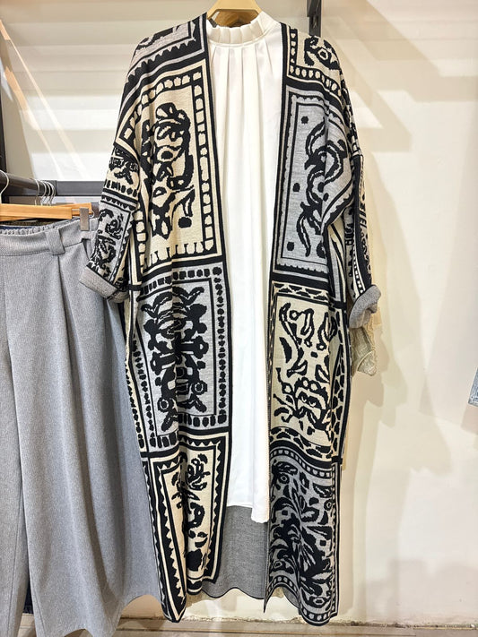 Patchwork Pattern Long Kaftan - Grey - Amenaa